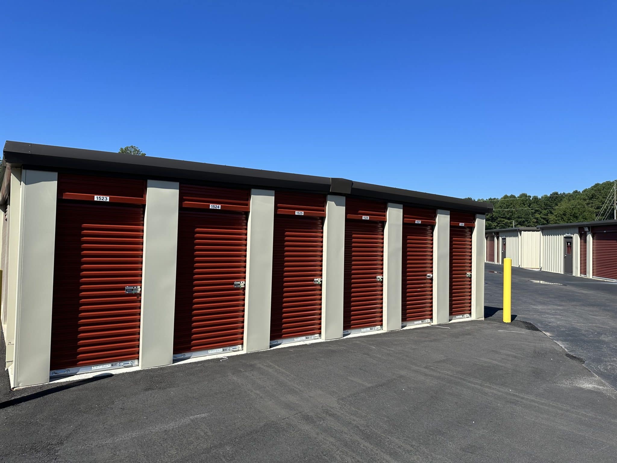 Self Storage Facility, Tan Walls and Red Doors
