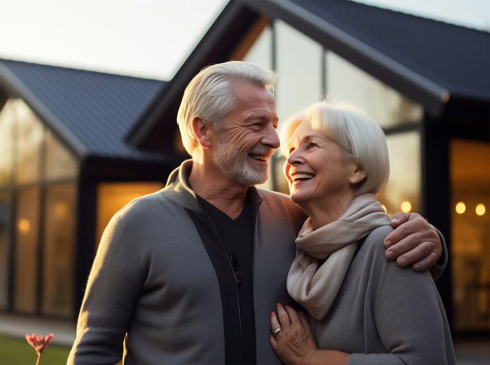 Happy Couple standing in front of their home with a metal roof and large glass windows