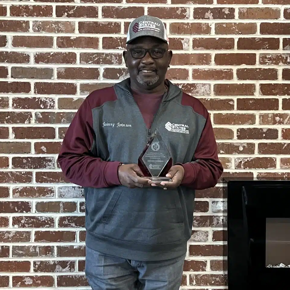 Central States Employee Driver showing an award for 20 years of service