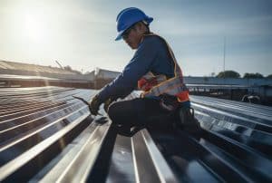 Roofing contractor checking on a metal roof
