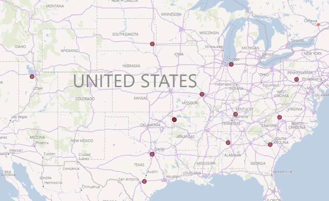 USA Map with Central States locations pinned