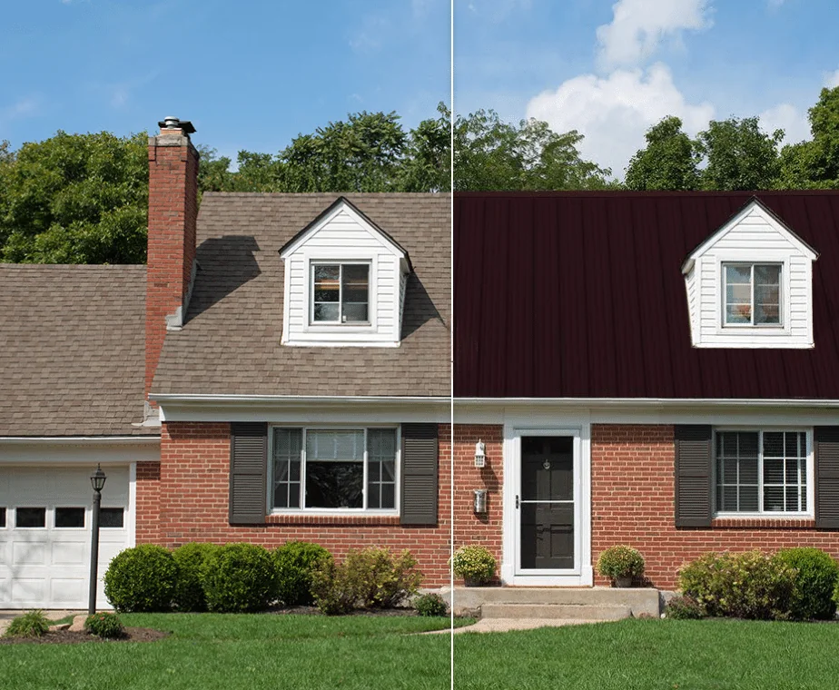 Residential building showing side by side or shingle roof and metal